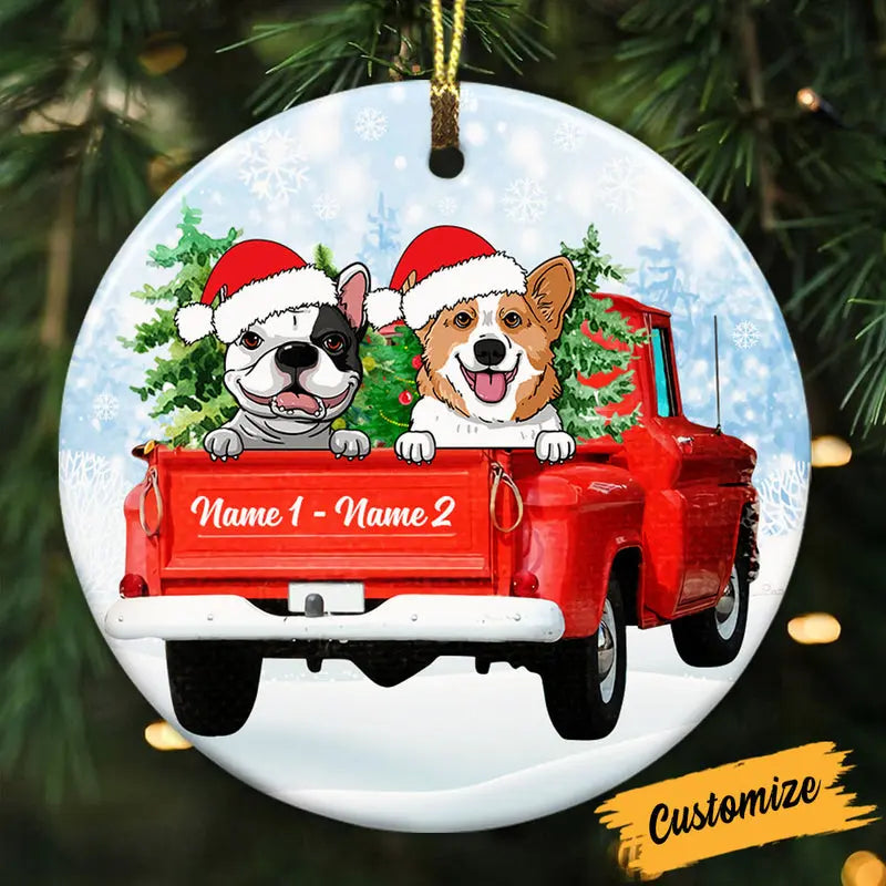 Personalized Dog Red Truck Christmas Circle Ornament ornament The Next Custom Gift