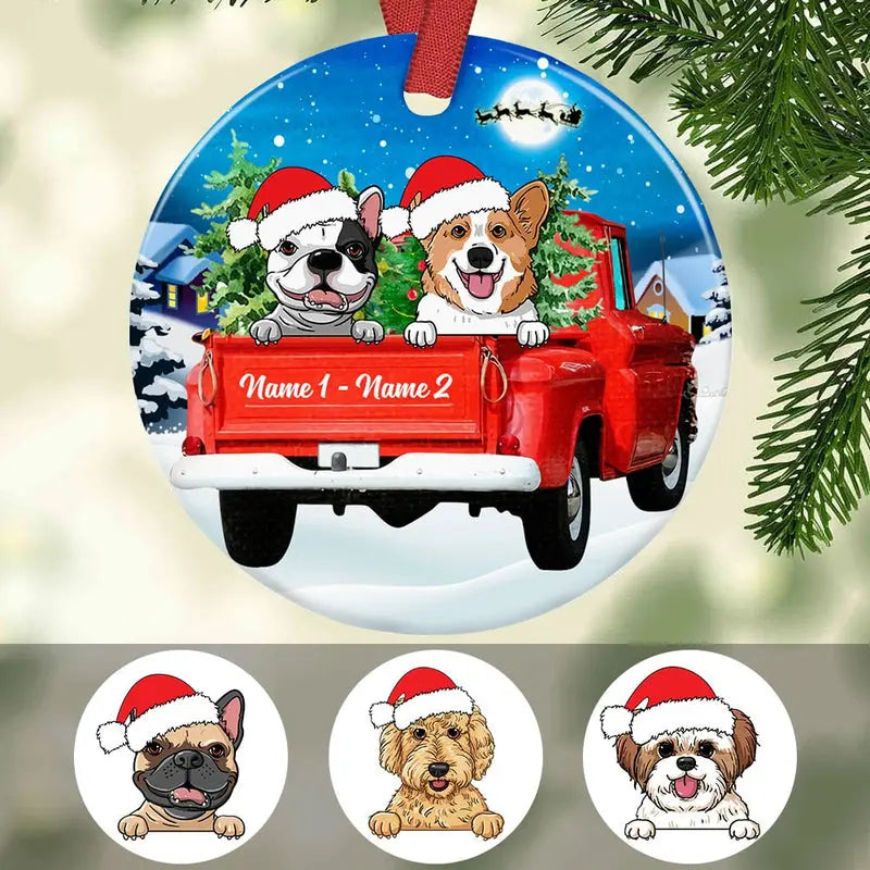 Personalized Dog Red Truck Christmas Circle Ornament ornament The Next Custom Gift