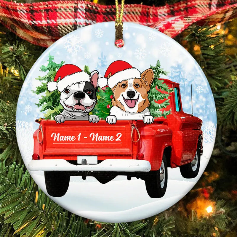 Personalized Dog Red Truck Christmas Circle Ornament ornament The Next Custom Gift