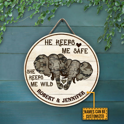 Personalized Elephant Camouflage He Keeps Me Safe Customized Wood Circle Sign