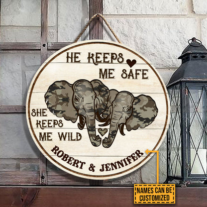 Personalized Elephant Camouflage He Keeps Me Safe Customized Wood Circle Sign