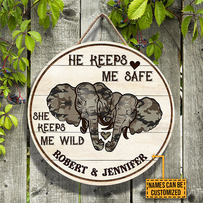 Personalized Elephant Camouflage He Keeps Me Safe Customized Wood Circle Sign