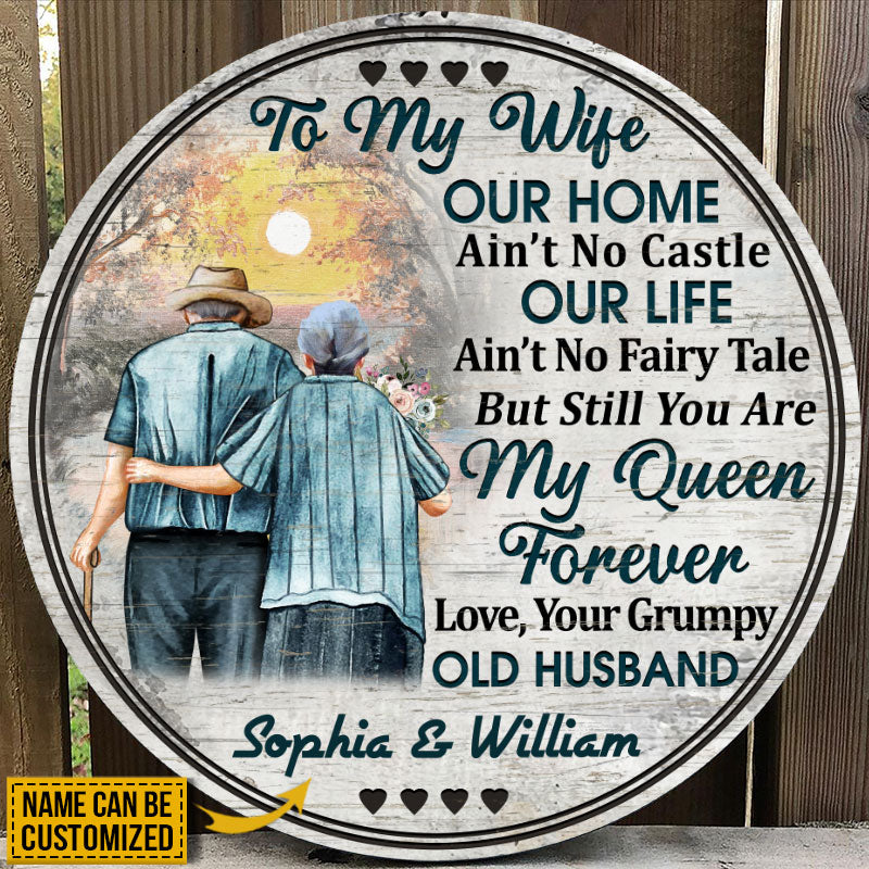 Personalized Family Old Couple Our Home Ain't No Castle Wood Circle Sign