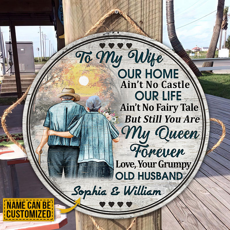 Personalized Family Old Couple Our Home Ain't No Castle Wood Circle Sign