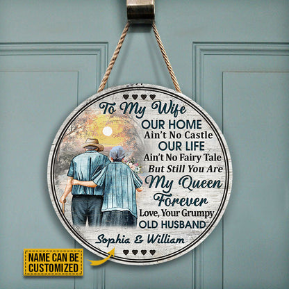 Personalized Family Old Couple Our Home Ain't No Castle Wood Circle Sign