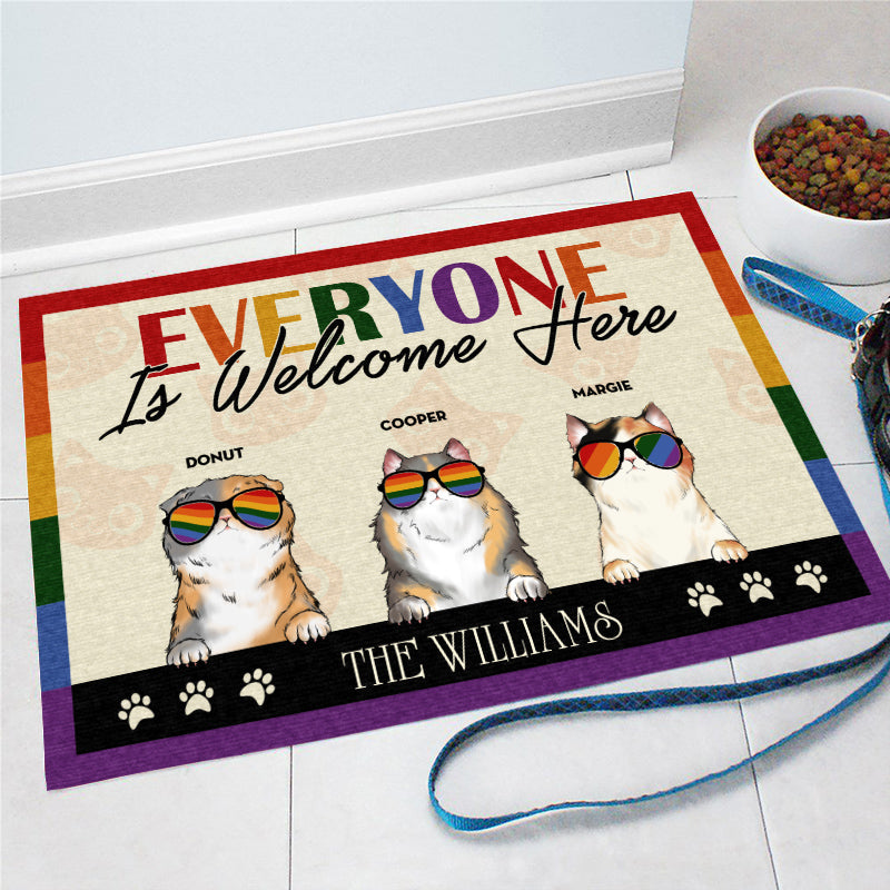Personalized Family Pride Everyone Is Welcome Here Cat Funny Custom Doormat