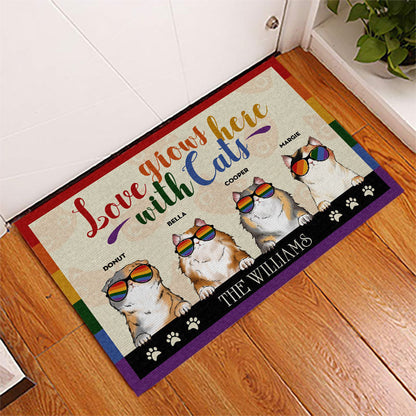 Personalized Family Pride Love Grows Here With Cats Custom Doormat, Cat Lover Gift