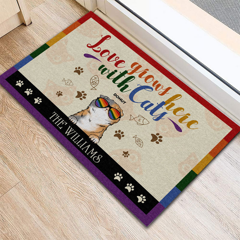 Personalized Family Pride Love Grows Here With Cats Custom Doormat, Cat Lover Gift