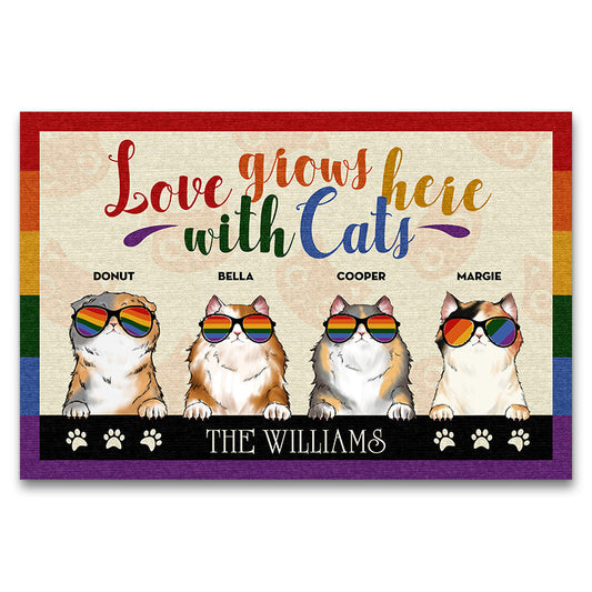 Personalized Family Pride Love Grows Here With Cats Custom Doormat, Cat Lover Gift