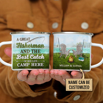 Personalized Fishing Couple Camp Here Custom Campfire Mug