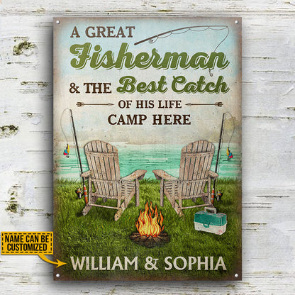 Personalized Fishing Couple Camp Here Custom Classic Metal Signs