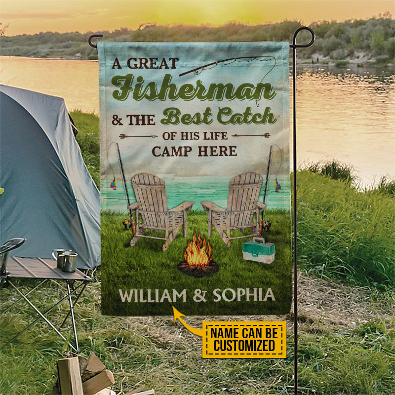 Personalized Fishing Couple Camp Here Custom Flag