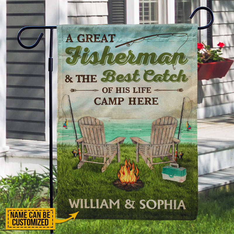 Personalized Fishing Couple Camp Here Custom Flag