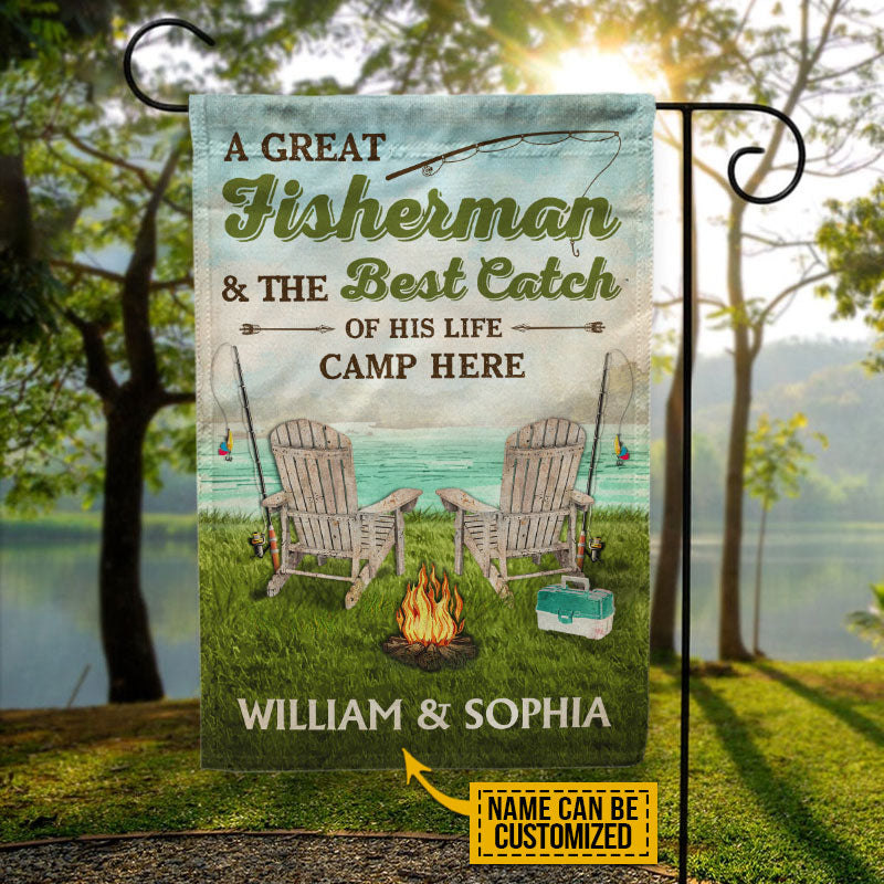 Personalized Fishing Couple Camp Here Custom Flag