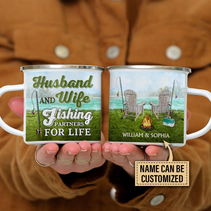 Personalized Fishing Couple Partners For Life Custom Campfire Mug