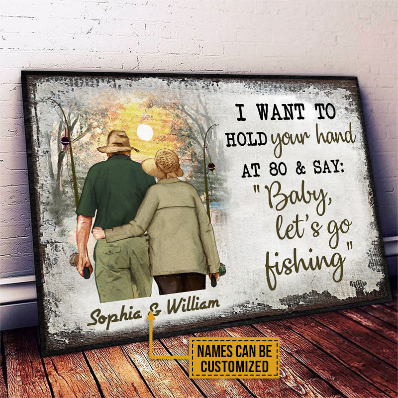 Personalized Fishing Old Couple Hold Your Hand Customized Poster