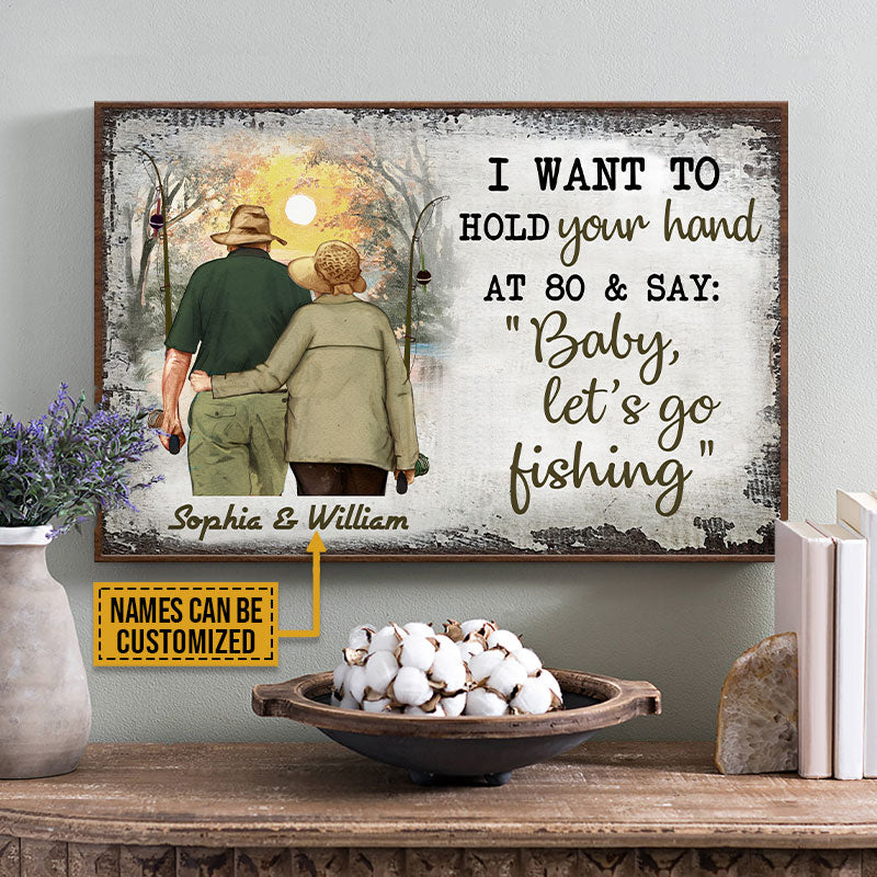 Personalized Fishing Old Couple Hold Your Hand Customized Poster