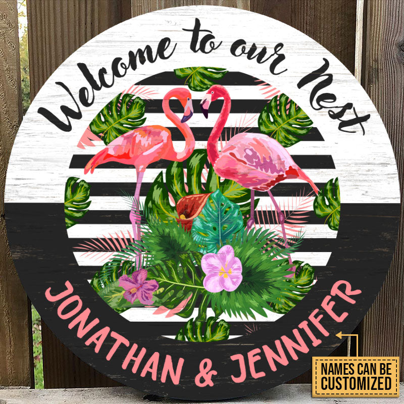 Personalized Flamingo Our Nest Customized Wood Circle Sign