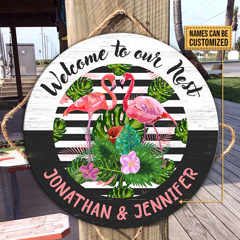 Personalized Flamingo Our Nest Customized Wood Circle Sign