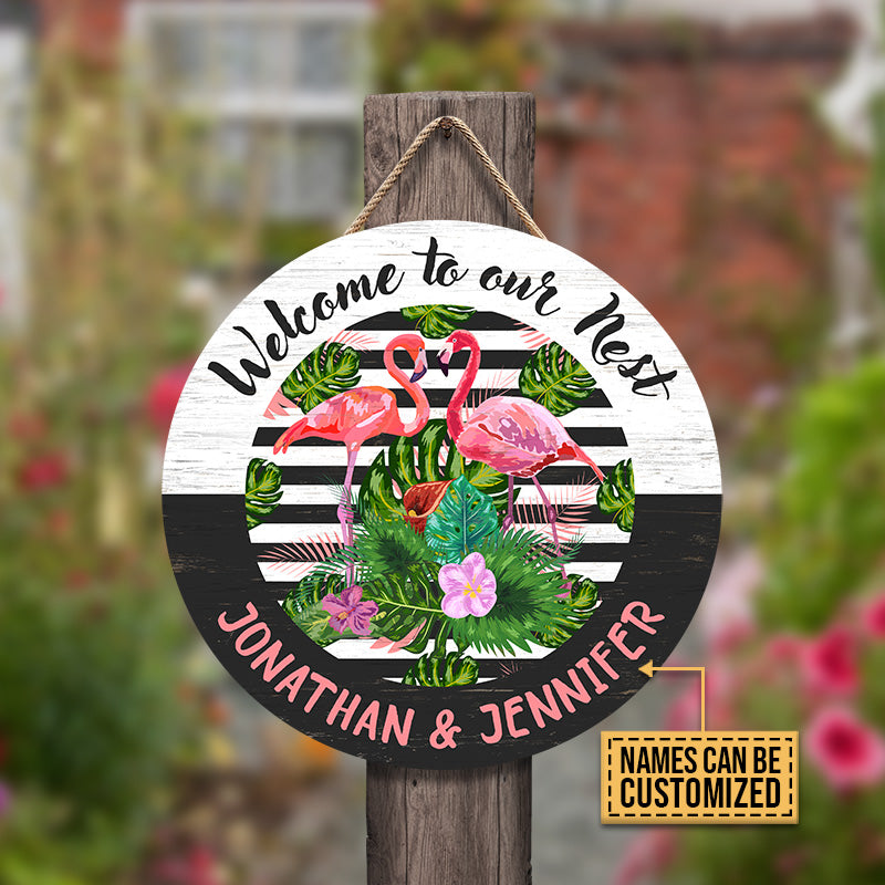 Personalized Flamingo Our Nest Customized Wood Circle Sign
