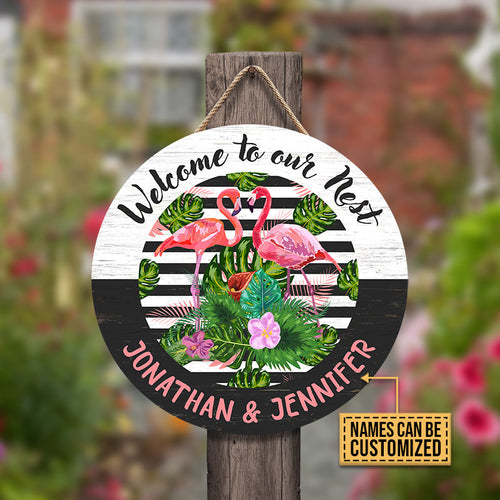 Personalized Flamingo Our Nest Customized Wood Circle Sign