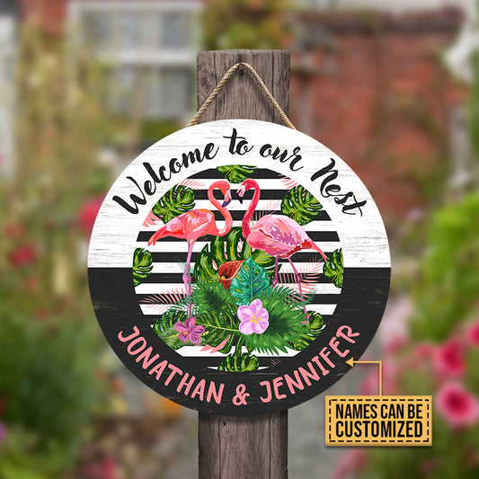 Personalized Flamingo Our Nest Customized Wood Circle Sign