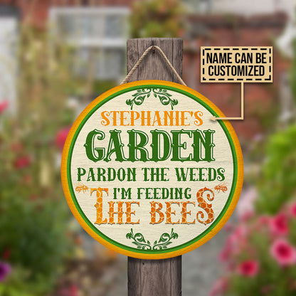 Personalized Gardening Feeding The Bees Custom Wood Circle Sign