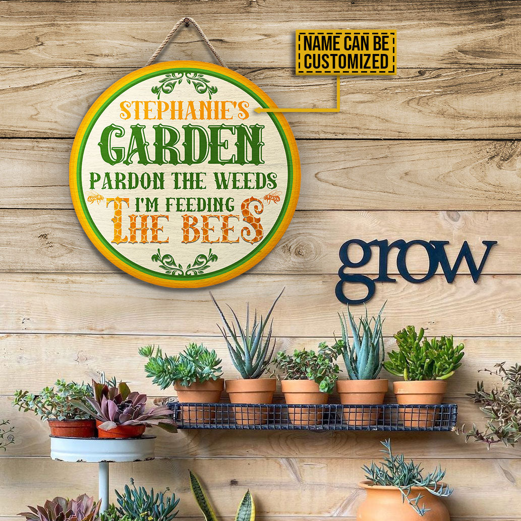 Personalized Gardening Feeding The Bees Custom Wood Circle Sign