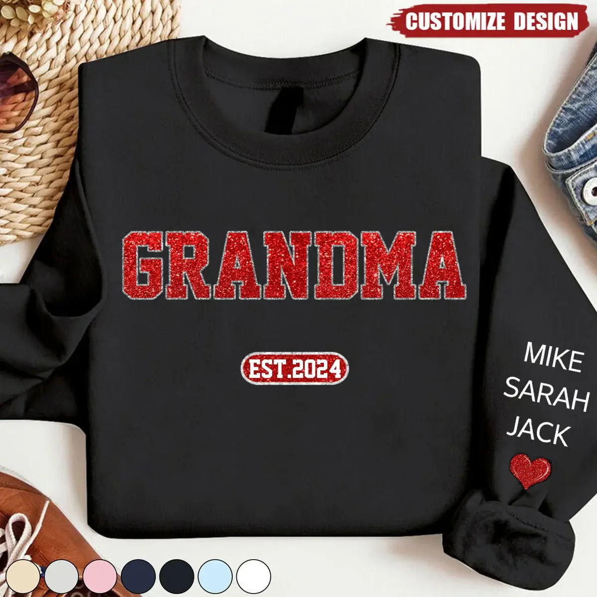 Personalized Glitter Custom Name Mimi Nana Grandma Est And Kids Sweatshirt Shirts & Tops The Next Custom Gift