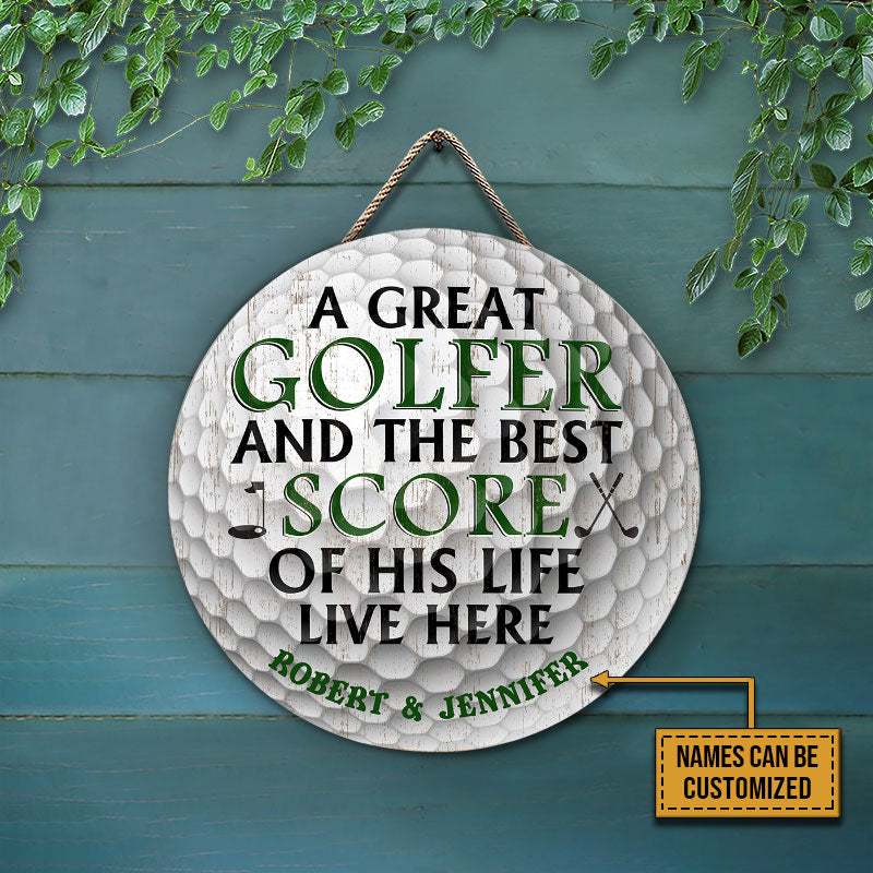 Personalized Golf Ball Couple Golfer Best Score Live Customized Wood Circle Sign