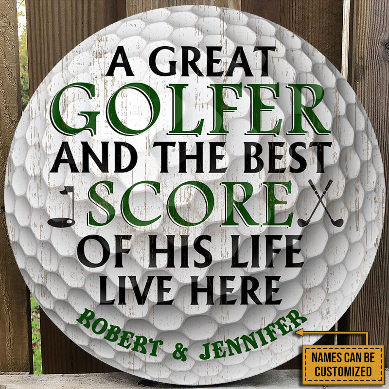 Personalized Golf Ball Couple Golfer Best Score Live Customized Wood Circle Sign