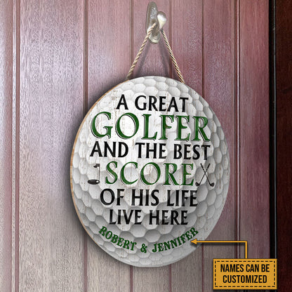 Personalized Golf Ball Couple Golfer Best Score Live Customized Wood Circle Sign