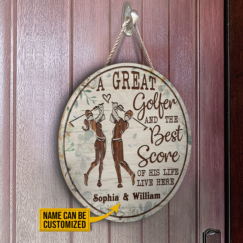 Personalized Golf Floral Couple Golfer Best Score Live Customized Wood Circle Sign