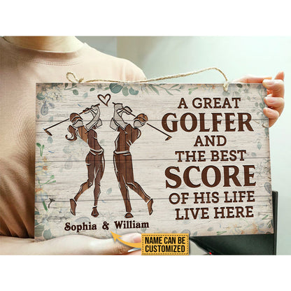 Personalized Golf Floral Couple Golfer Best Score Live Customized Wood Rectangle Sign
