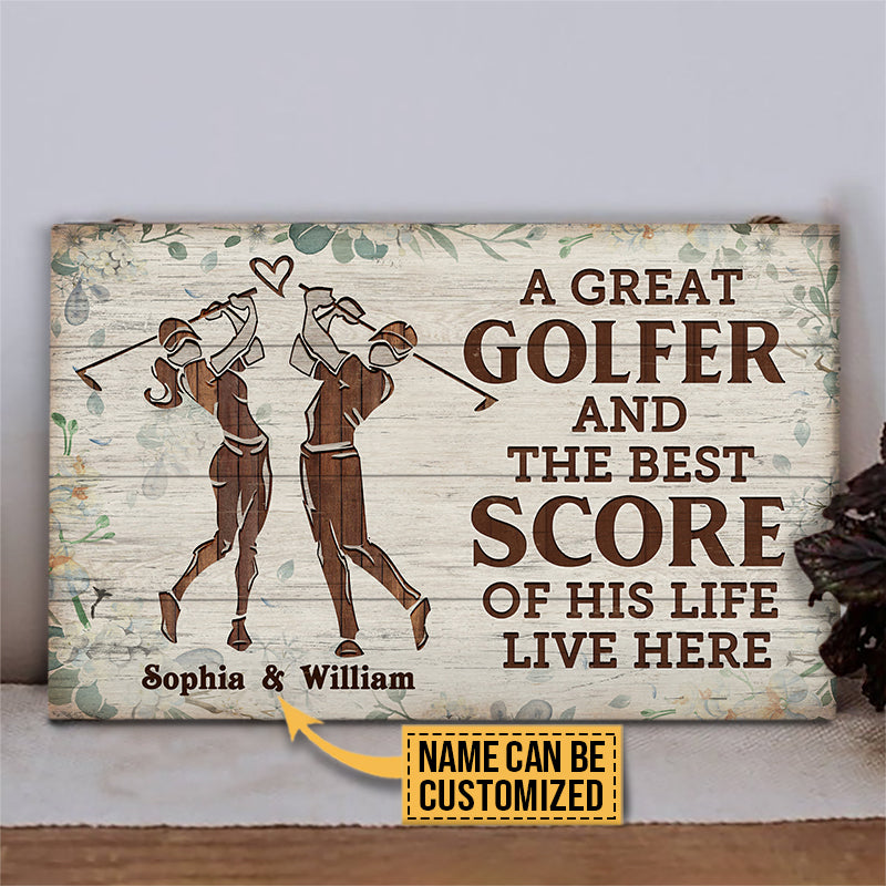 Personalized Golf Floral Couple Golfer Best Score Live Customized Wood Rectangle Sign