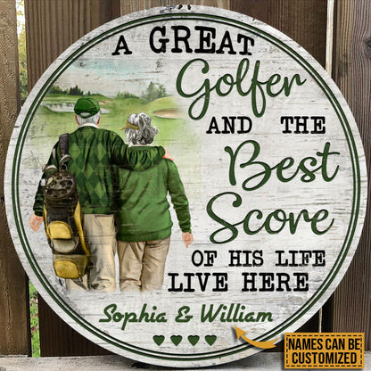 Personalized Golf Old Couple The Best Score Custom Wood Circle Sign
