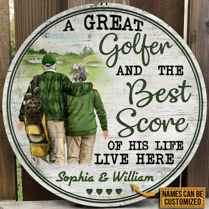 Personalized Golf Old Couple The Best Score Custom Wood Circle Sign