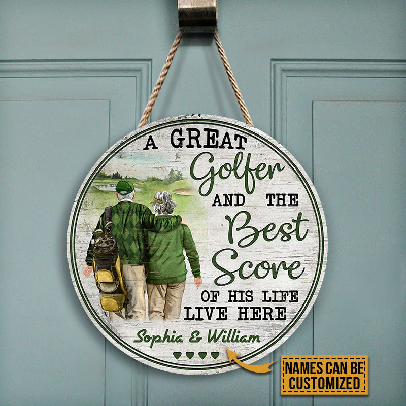 Personalized Golf Old Couple The Best Score Custom Wood Circle Sign