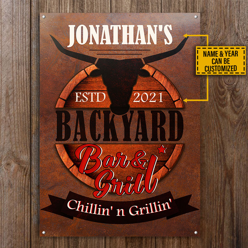 Personalized Grilling Backyard Bar And Grill Chilling Custom Classic Metal Signs