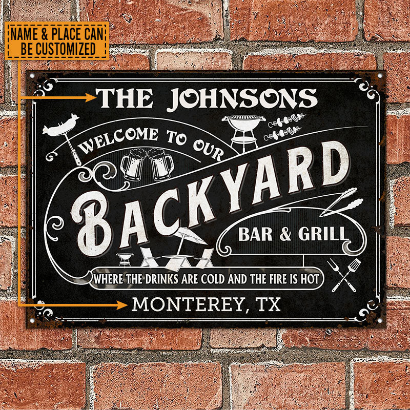 Personalized Grilling Backyard Bar Grill Black Custom Classic Metal Signs