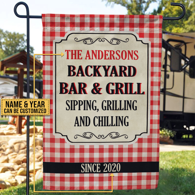 Personalized Grilling Bar & Grill Red Gingham Customized Flag