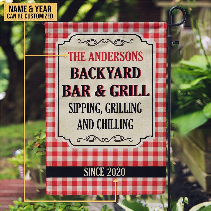 Personalized Grilling Bar & Grill Red Gingham Customized Flag