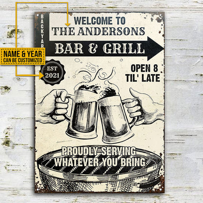 Personalized Grilling Bar & Grill Til Late Customized Classic Metal Signs