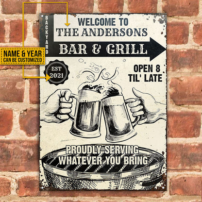 Personalized Grilling Bar & Grill Til Late Customized Classic Metal Signs