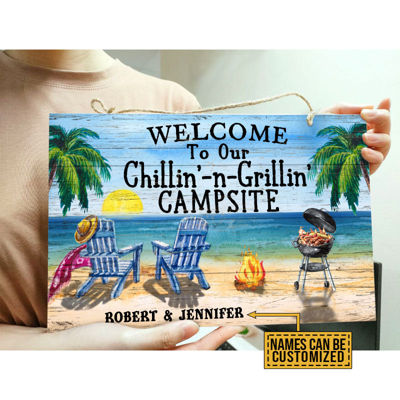 Personalized Grilling Chilling Campsite Customized Wood Rectangle Sign