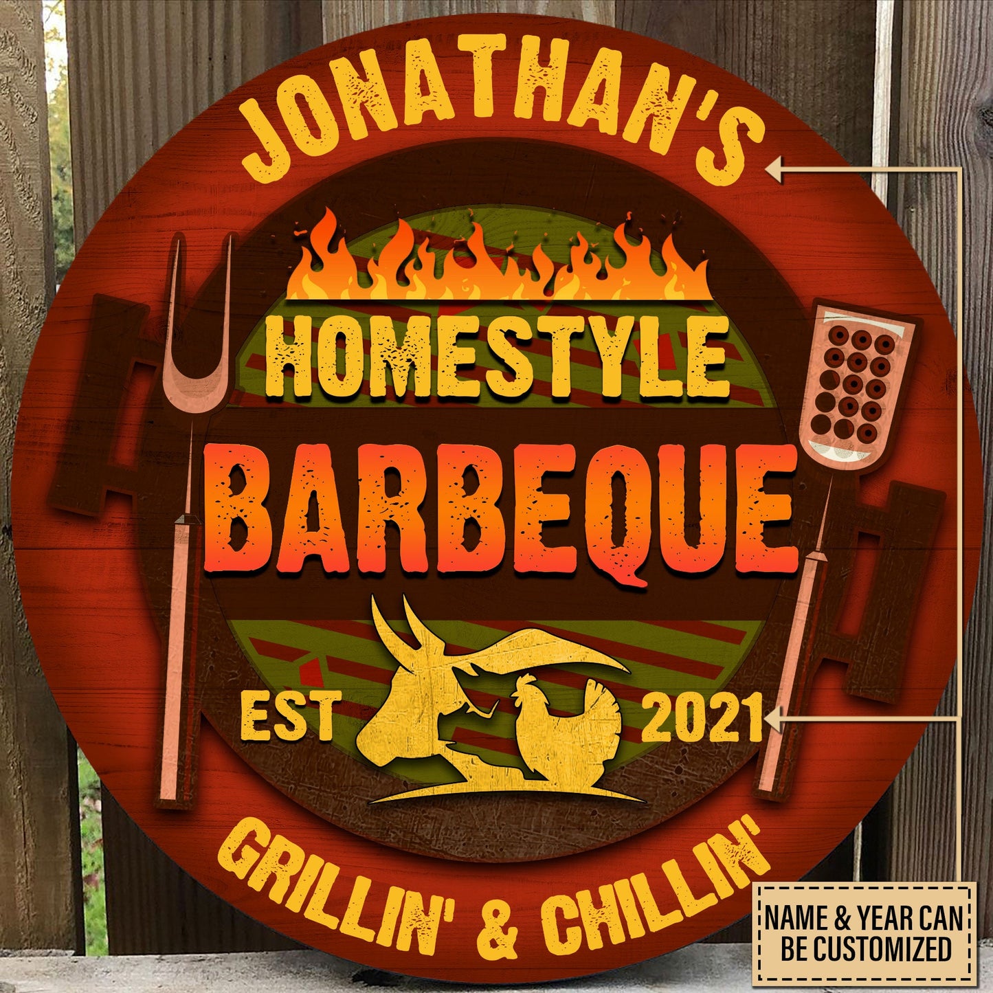 Personalized Grilling Homestyle Barbeque Customized Wood Circle Sign