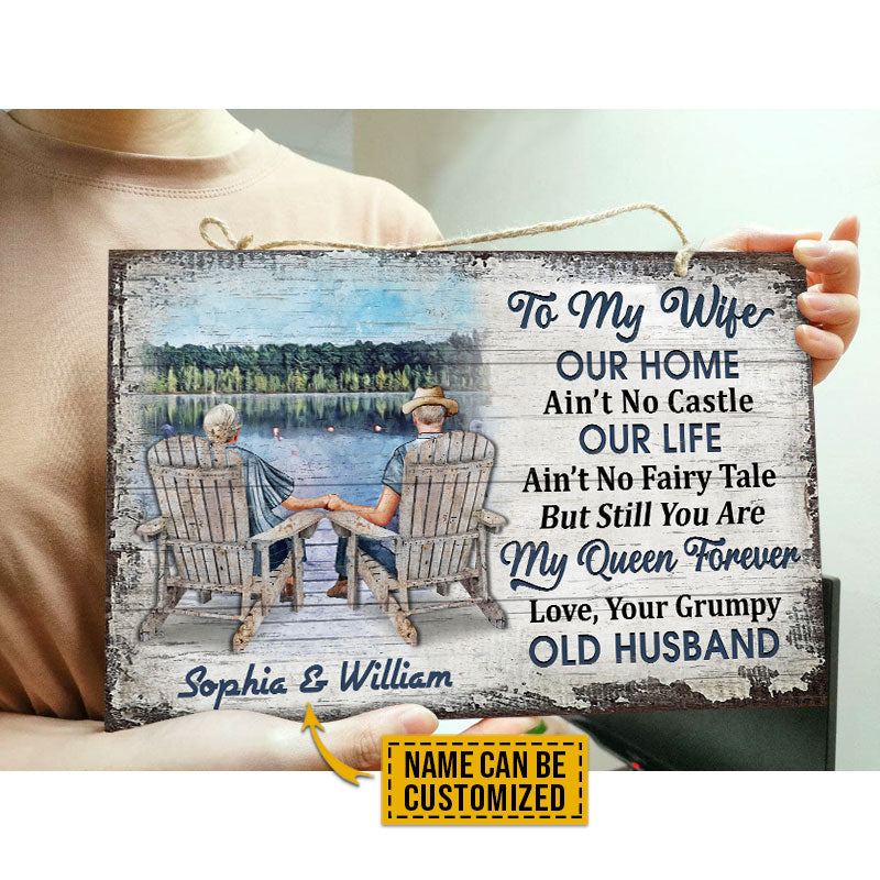 Personalized Lake Old Couple Our Home Ain't No Castle Custom Wood Rectangle Sign