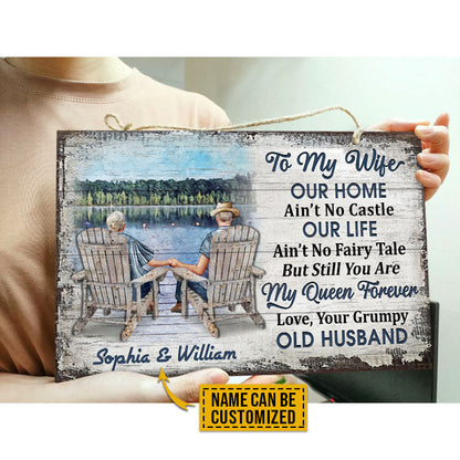 Personalized Lake Old Couple Our Home Ain't No Castle Custom Wood Rectangle Sign
