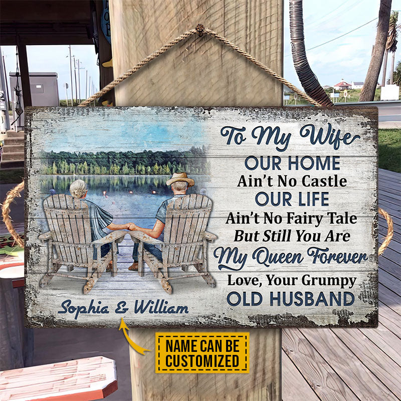 Personalized Lake Old Couple Our Home Ain't No Castle Custom Wood Rectangle Sign