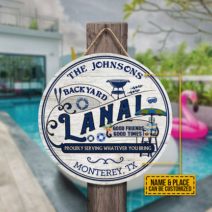 Personalized Lanai Hot Tub Grilling Proudly Serving Custom Wood Circle Sign